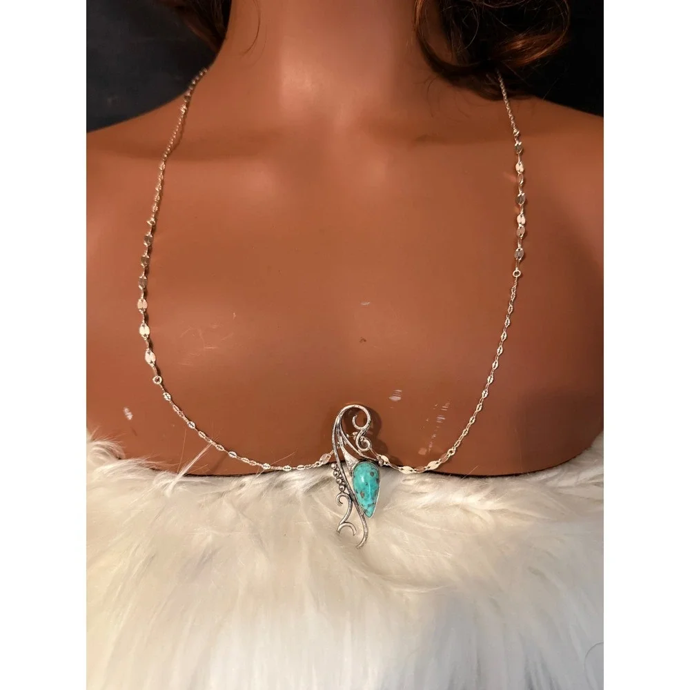 Sterling Silver 925 Turquoise Scroll‎ Pendant Necklace 30 Inch Chain 12.6g